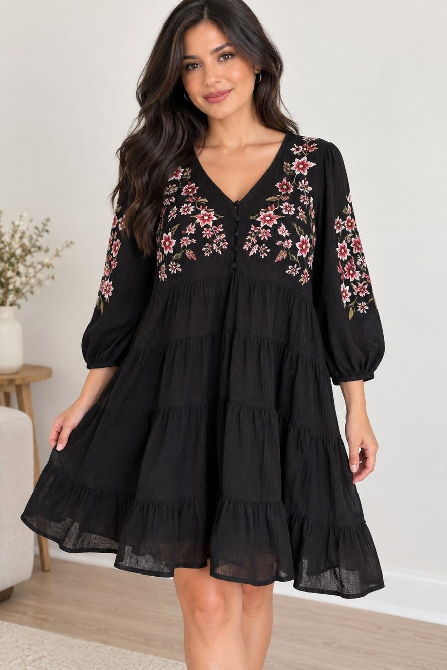 Blue Rain Size M Black Floral Embroidered V Neck Tiered Dress Crepe 3/4 Sleeve
